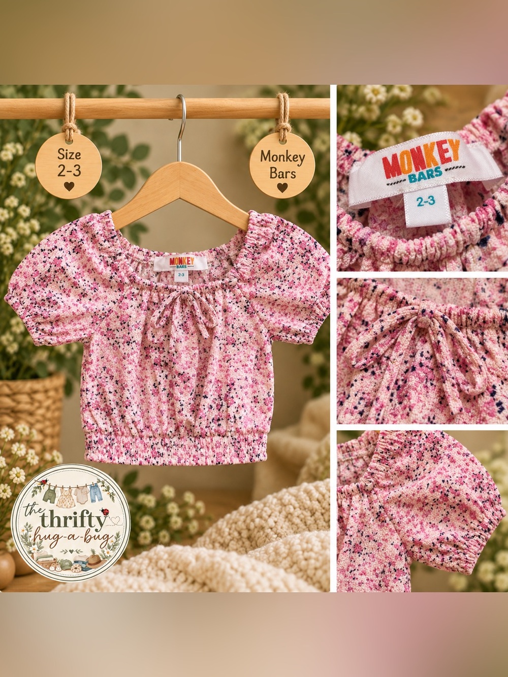 Monkey Bars Girls Pink Speckled Puff Sleeve Top Size 2–3